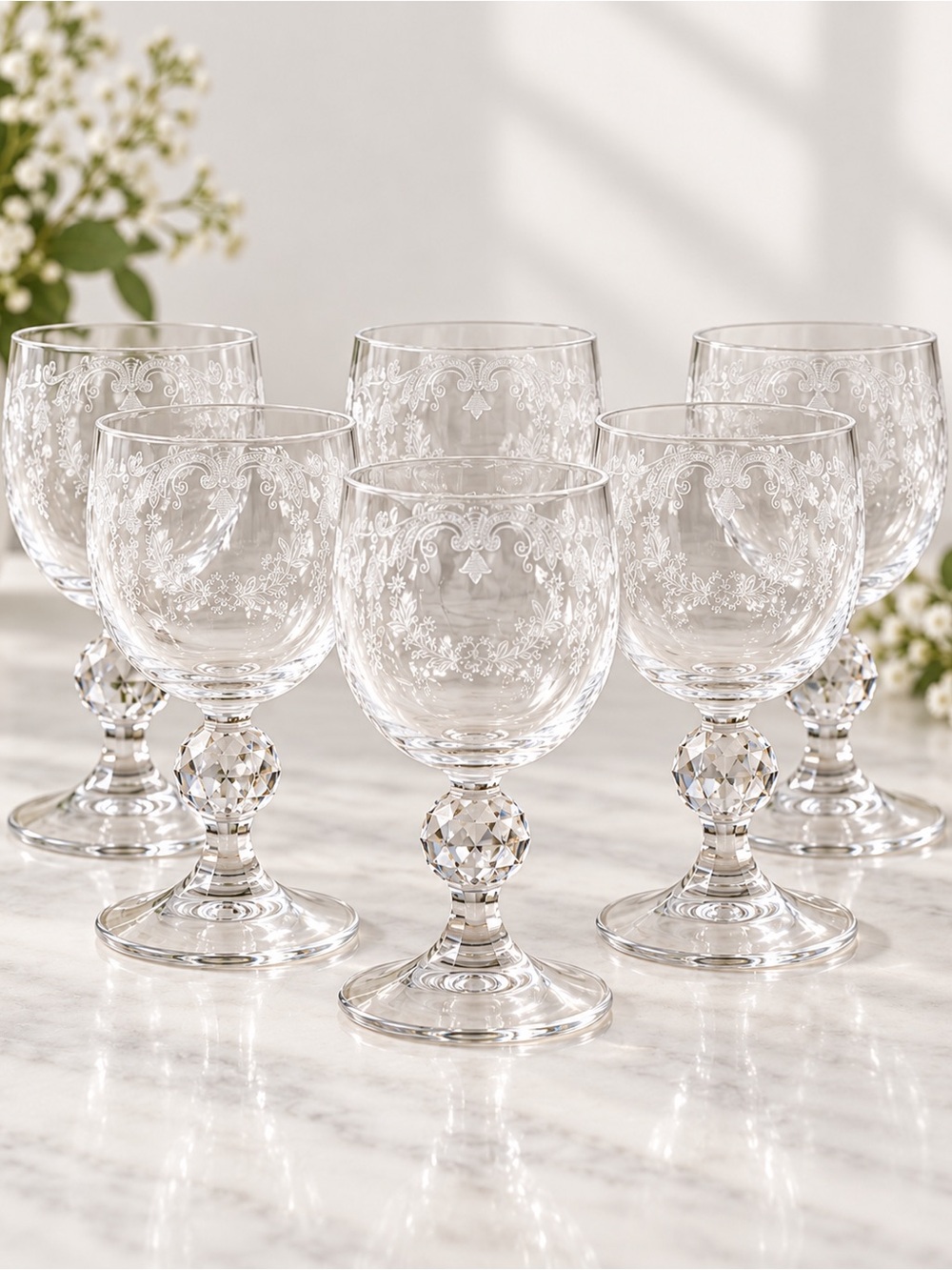 Vintage Etched Crystal Wine Goblets Set of 6 Faceted Ball Stem Floral Scroll